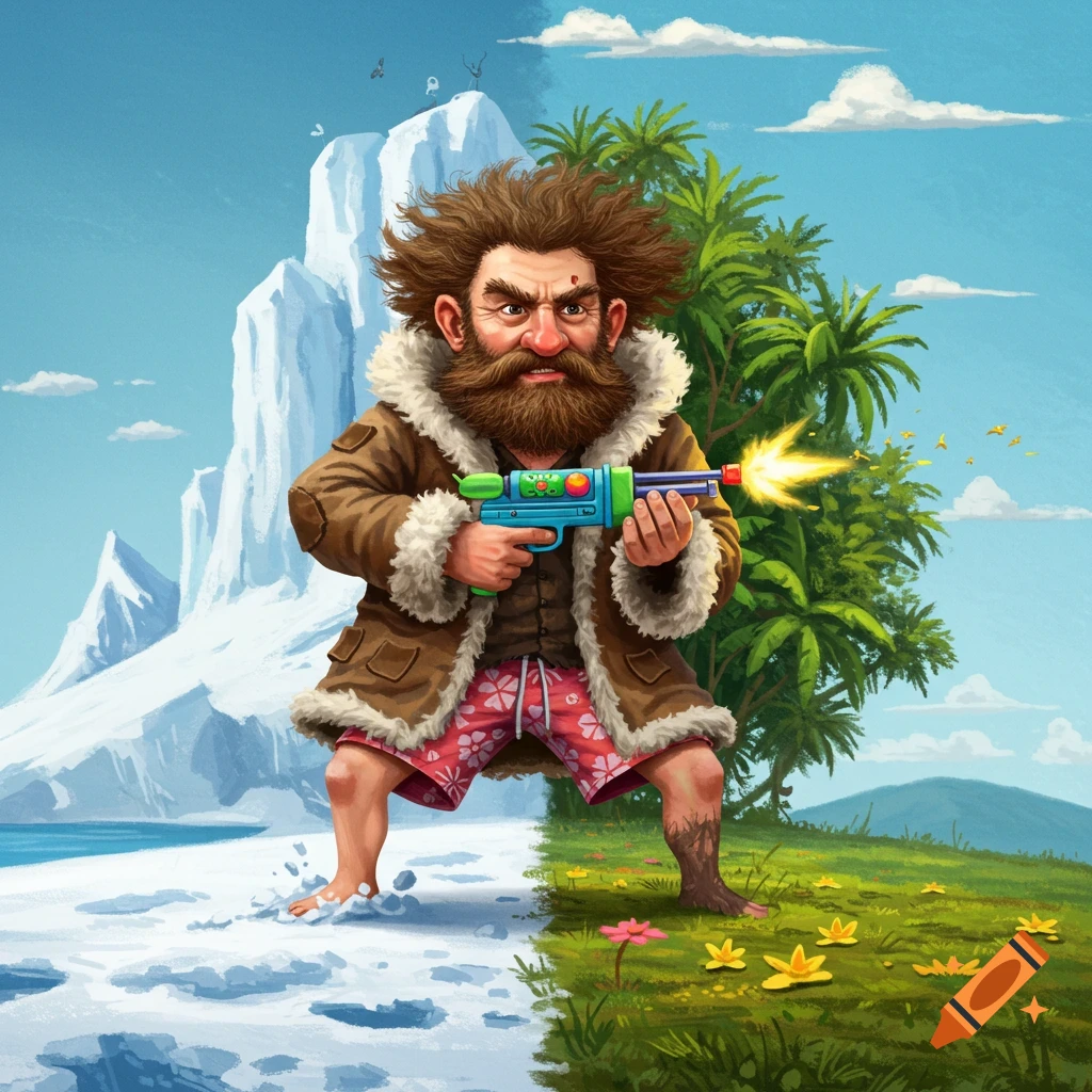 Image of a bearded man in a winter coat and shorts standing in snow and grass, firing a toy gun.