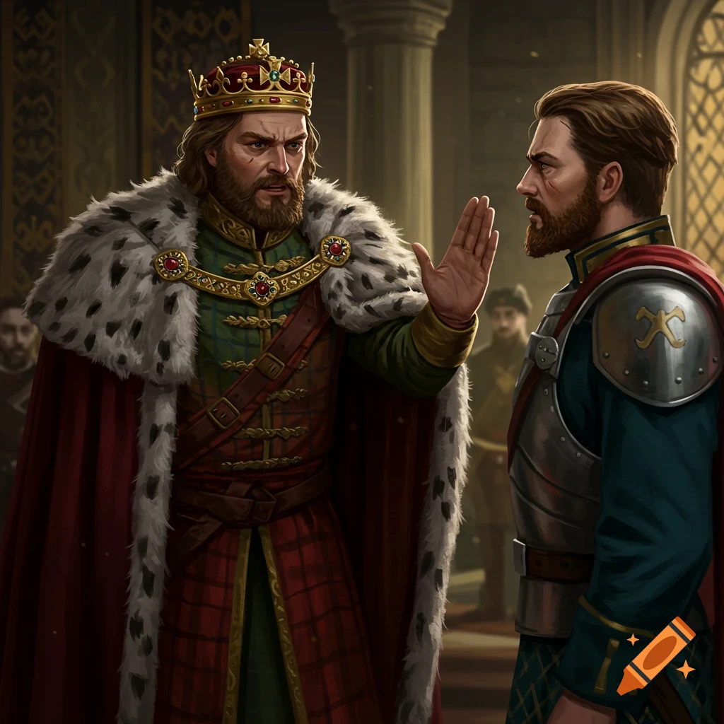 A Scottish king holding his hand up while speaking to a Scottish captain in armor in a palace room.