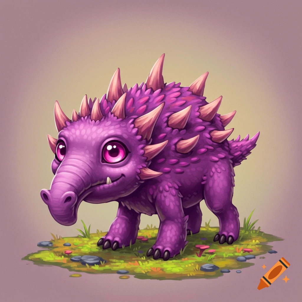 A purple spiky cartoon creature with a long nose stands on grassy ground.