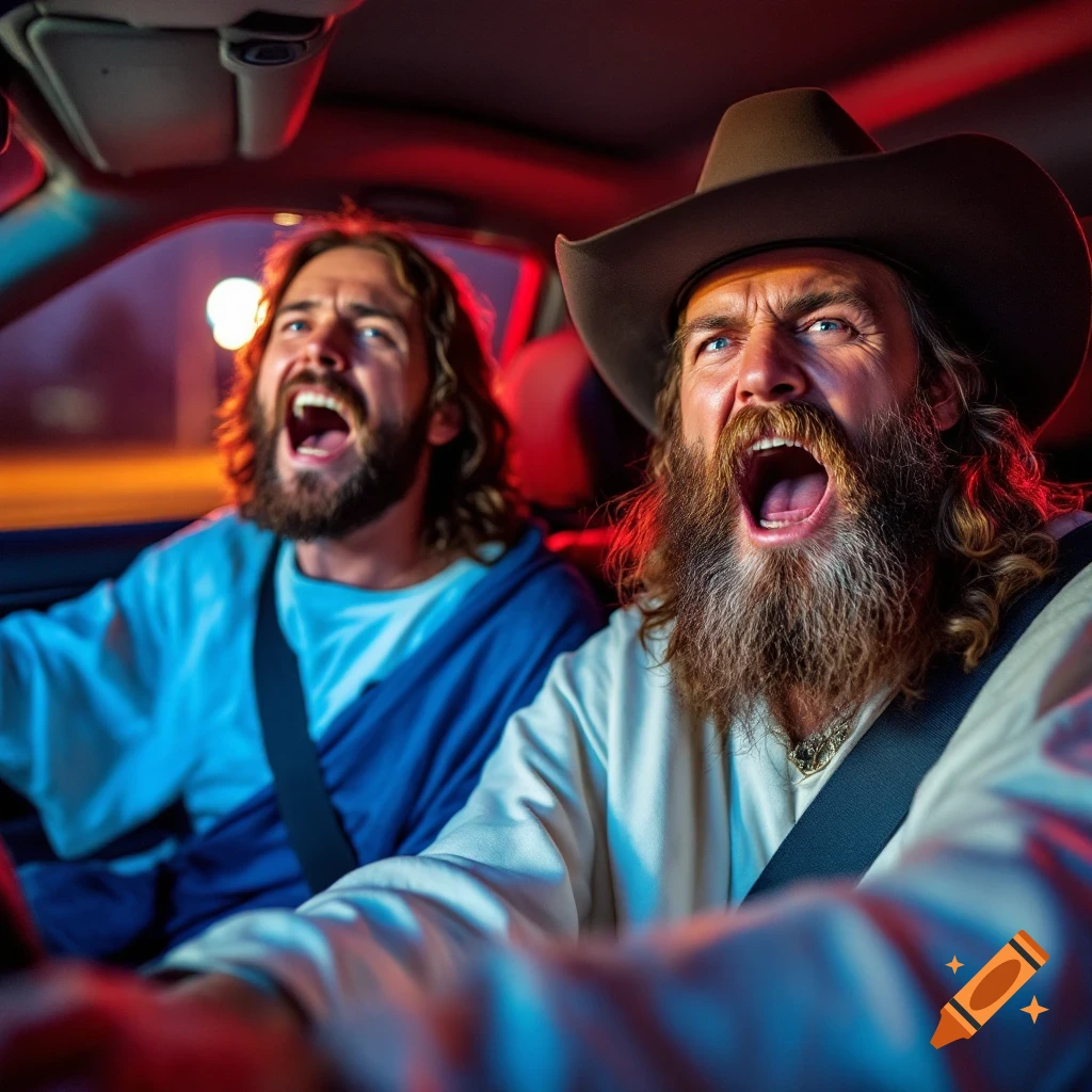 Jesus and a cowboy scream while driving a car at night.