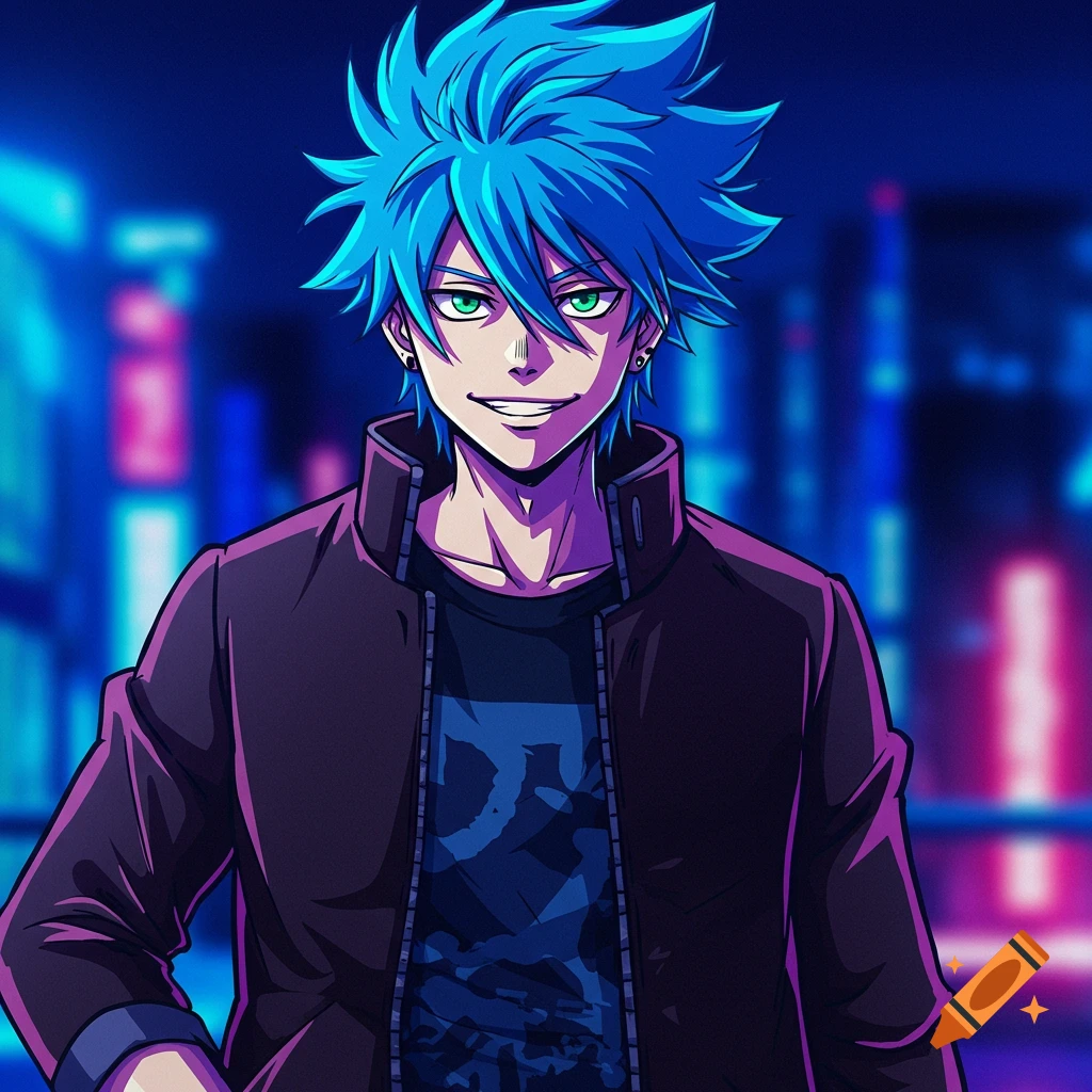 Anime man with blue hair and green eyes smiling in a city at night