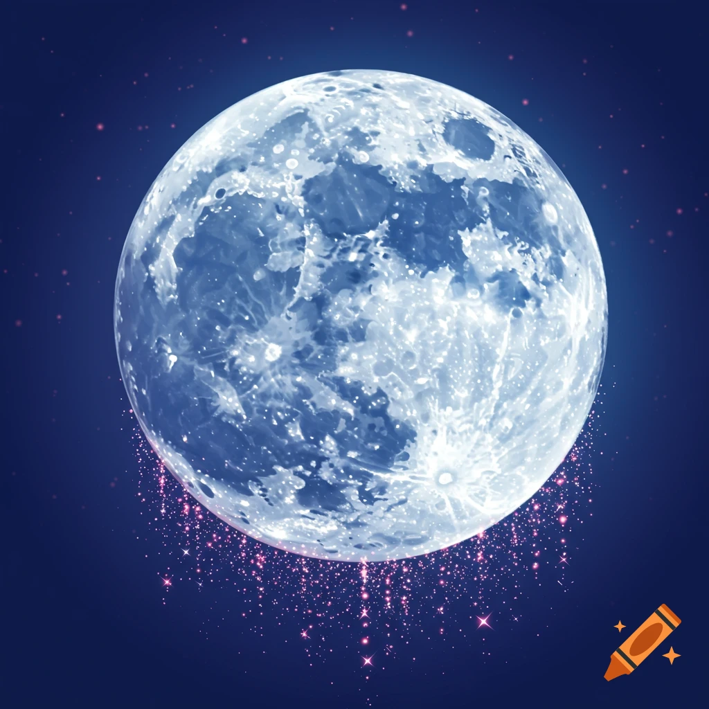 A stylized moon with pink sparkles falling from the bottom, set against a dark blue sky with faint stars in an anime style.