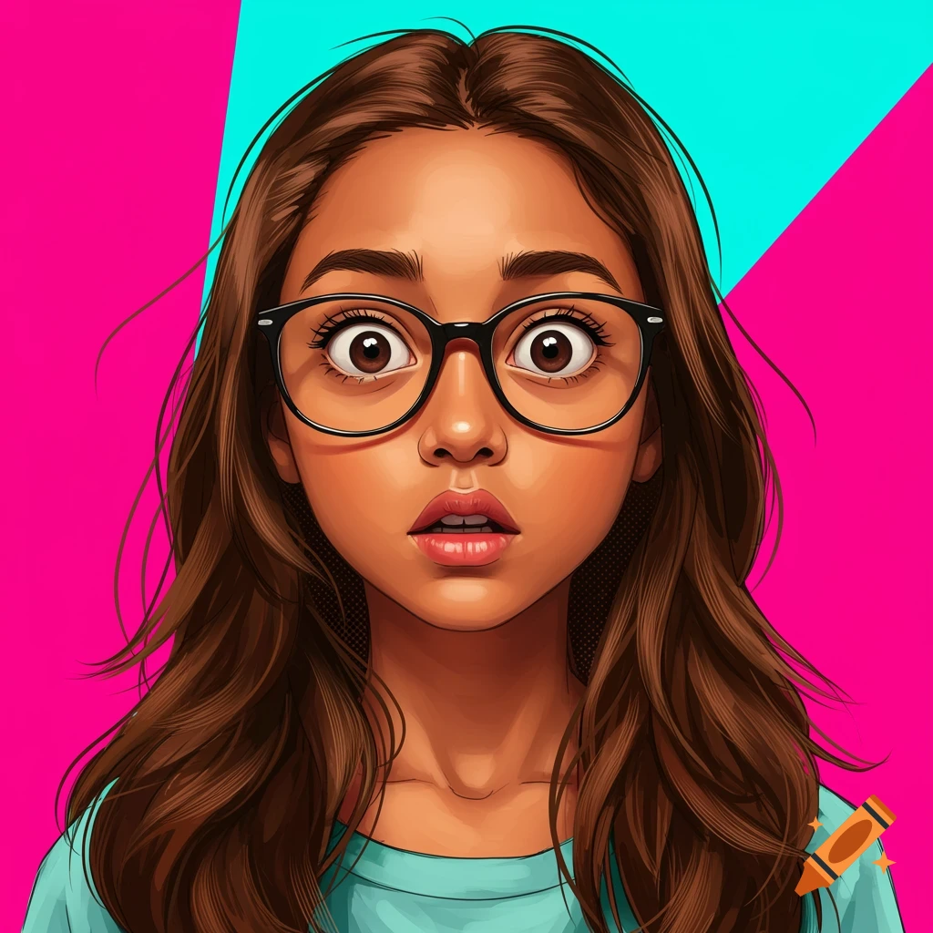 Pop art of a young girl with glasses looking surprised against a bright background.