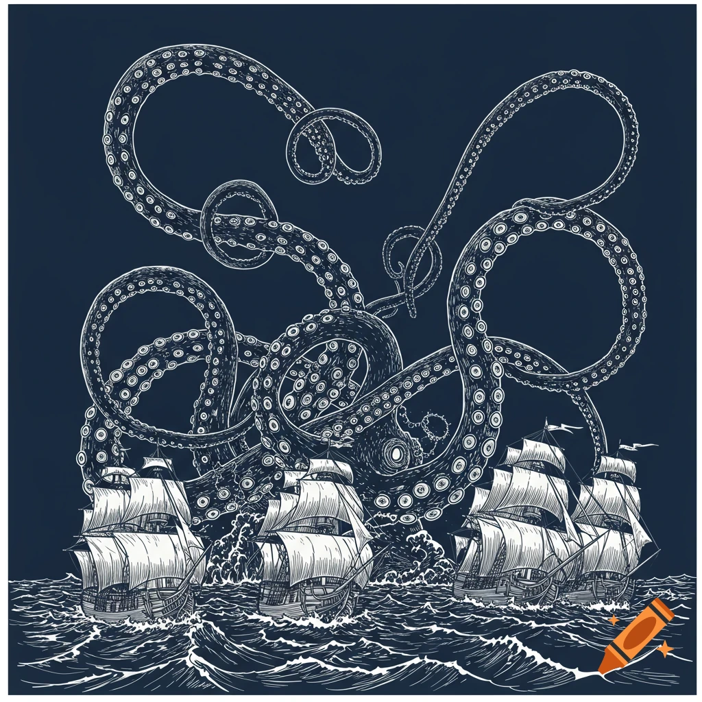 Line drawing of a Kraken attacking multiple sailing ships on a dark sea
