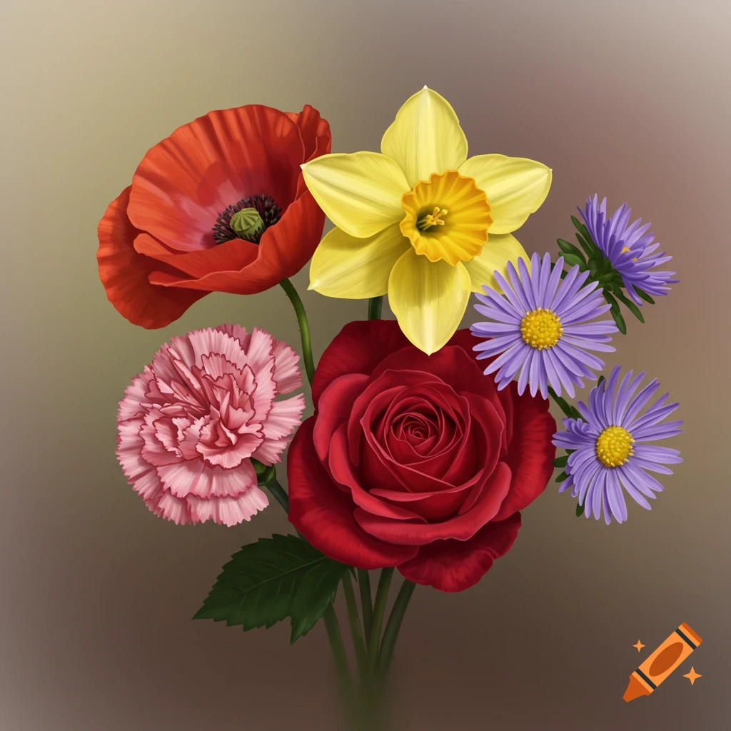 A bouquet with a red poppy, yellow daffodil, pink carnation, red rose, and purple asters.