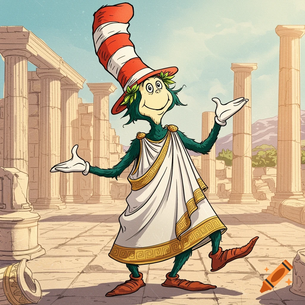 A Dr. Seuss-style character in a red and white striped hat and a white toga with gold trim stands among ancient Greek ruins.