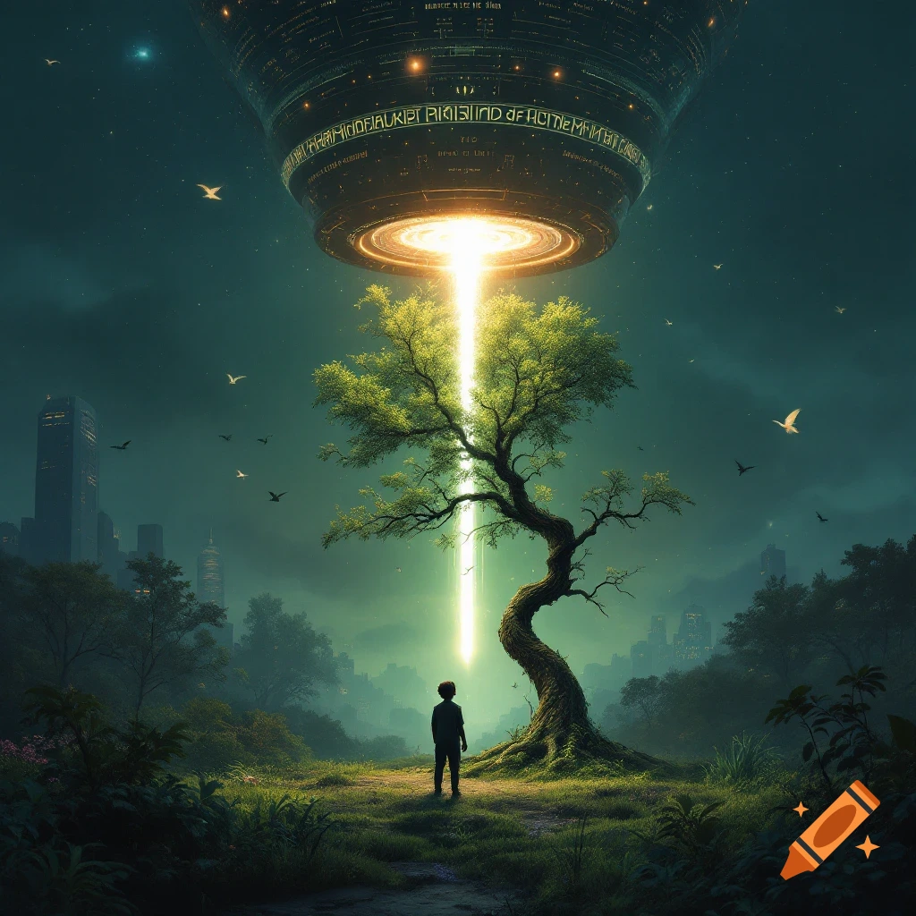 A child stands in a forest, illuminated by a beam from a hovering object over a cityscape at night.