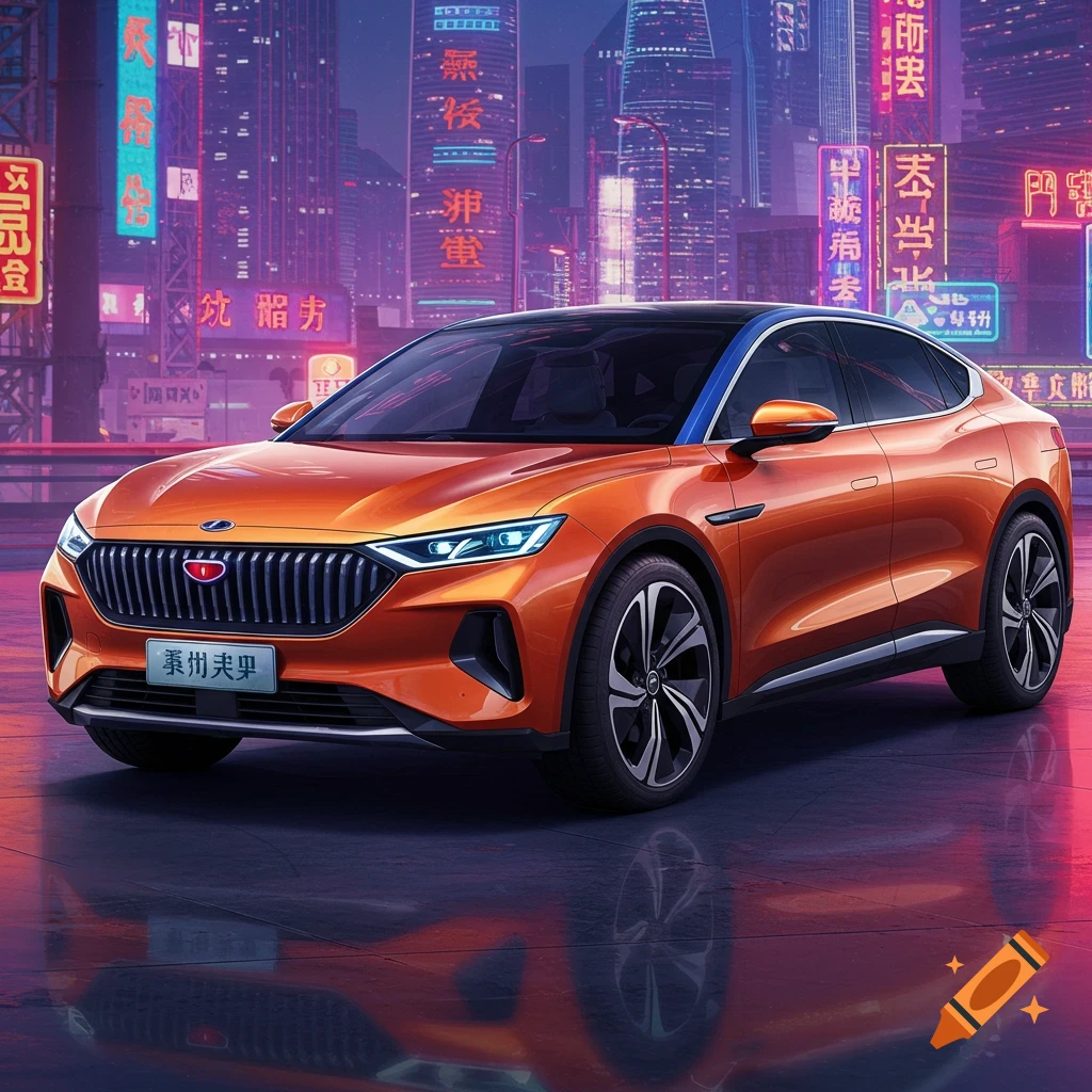 A futuristic orange car parked on a wet street in a city lit by neon signs at night.
