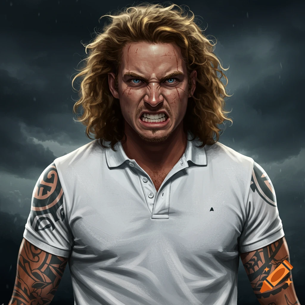 Portrait of an angry man with long curly hair, blue eyes, face scratches, and tattoos, wearing a polo shirt against a stormy sky.