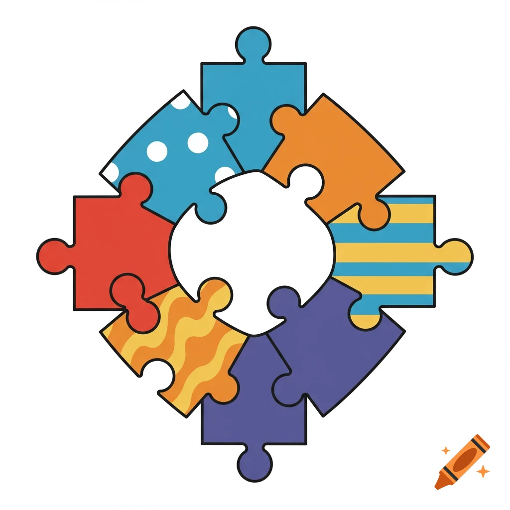 A square arrangement of seven colorful, patterned puzzle pieces with a white center.