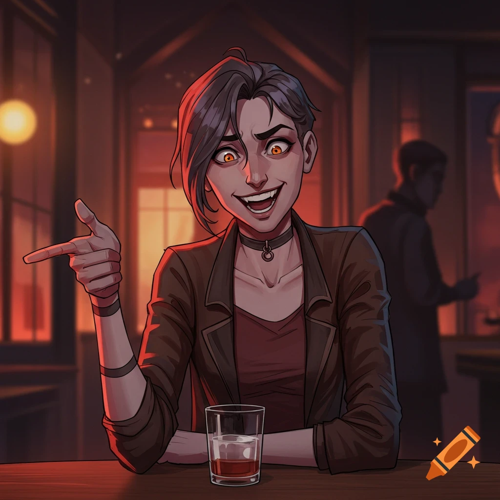 Digital illustration of a woman with orange eyes grinning and pointing while sitting at a bar with a drink.