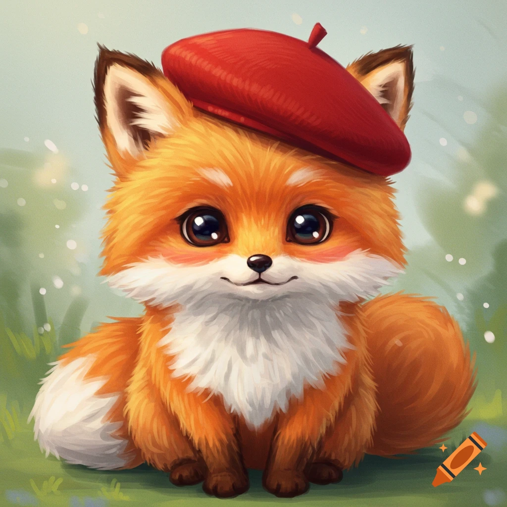 Cute fox wearing a red beret sitting in grass.