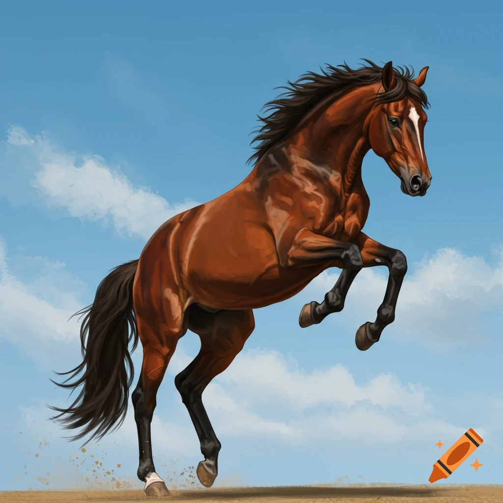 A brown horse is rearing on dirt ground under a blue sky.