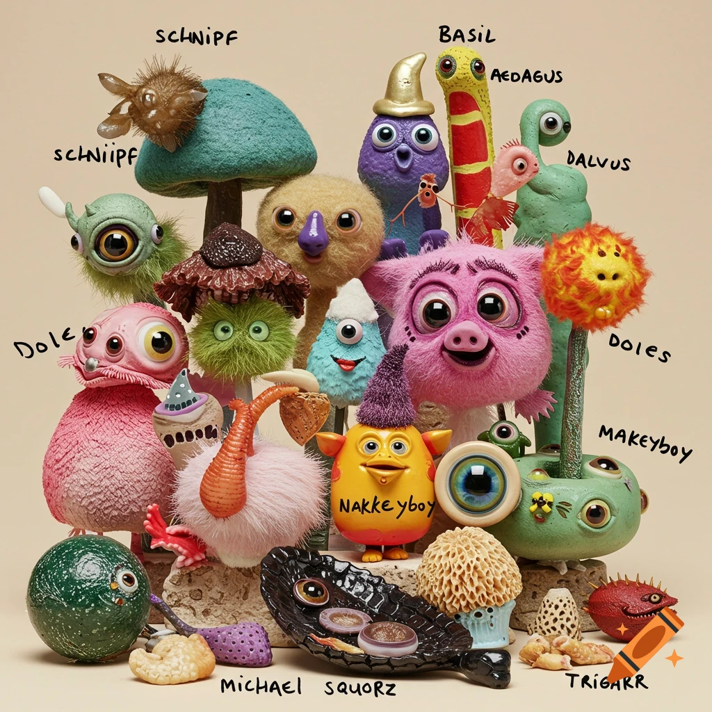 Arrangement of many colorful, detailed 3D rendered absurd creature-like objects and sculptures with handwritten labels next to them.