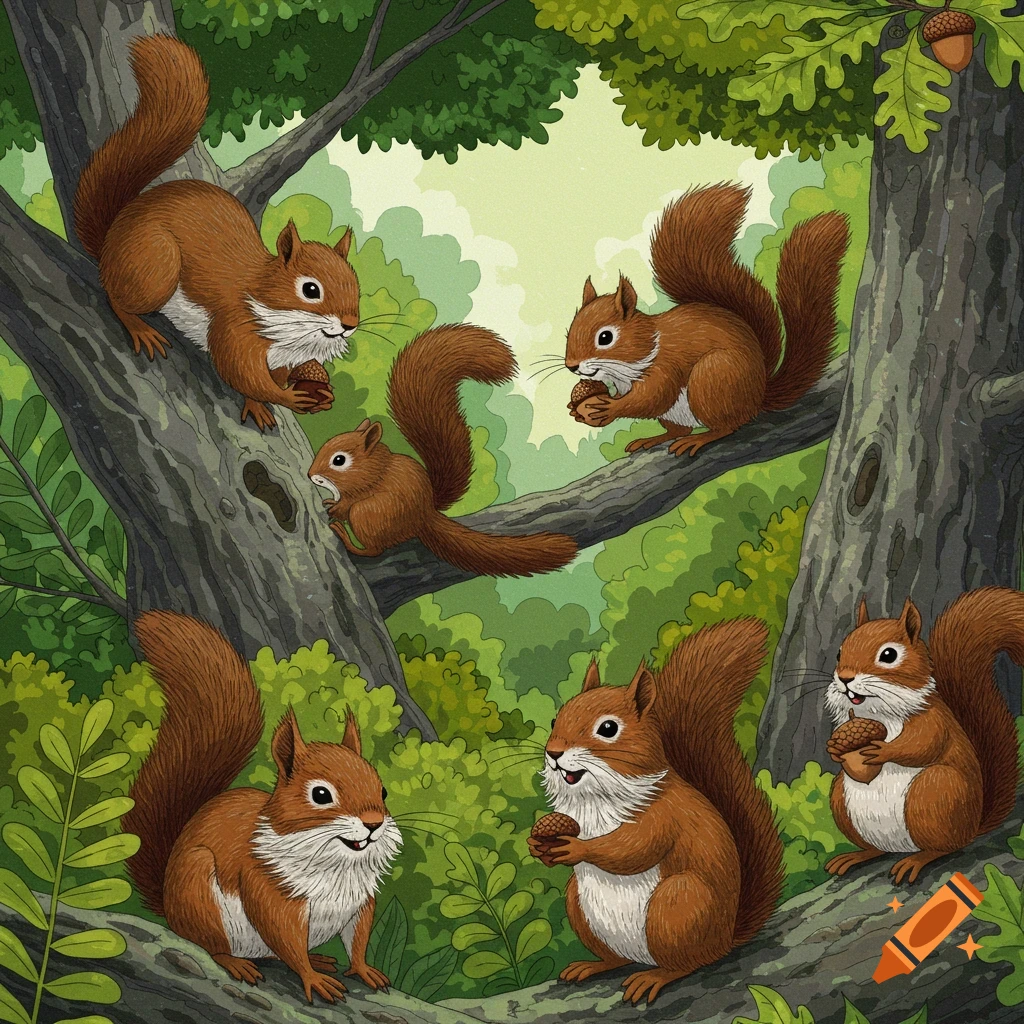 Several brown squirrels in a tree, holding acorns.