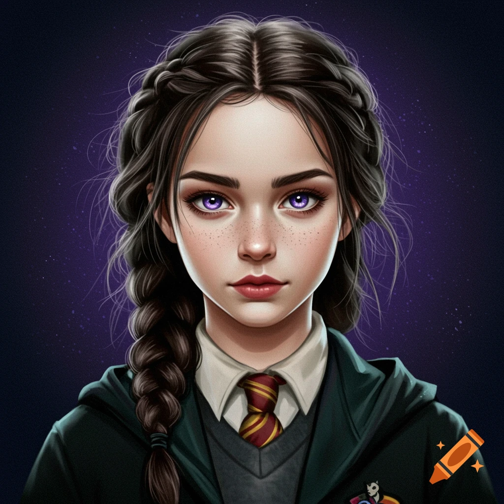 A portrait of a young person with striking purple eyes and dark braided hair. They are wearing a school uniform complete with a tie.