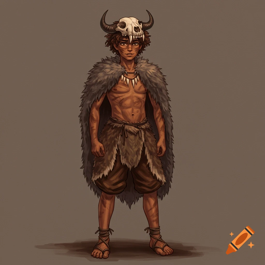A young person in a fur cape, skull mask, and primitive clothing, standing on a brown background.