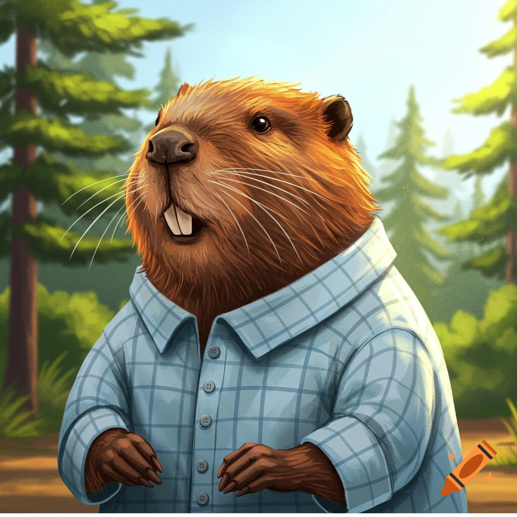 A beaver in a blue checkered shirt is standing in a forest.