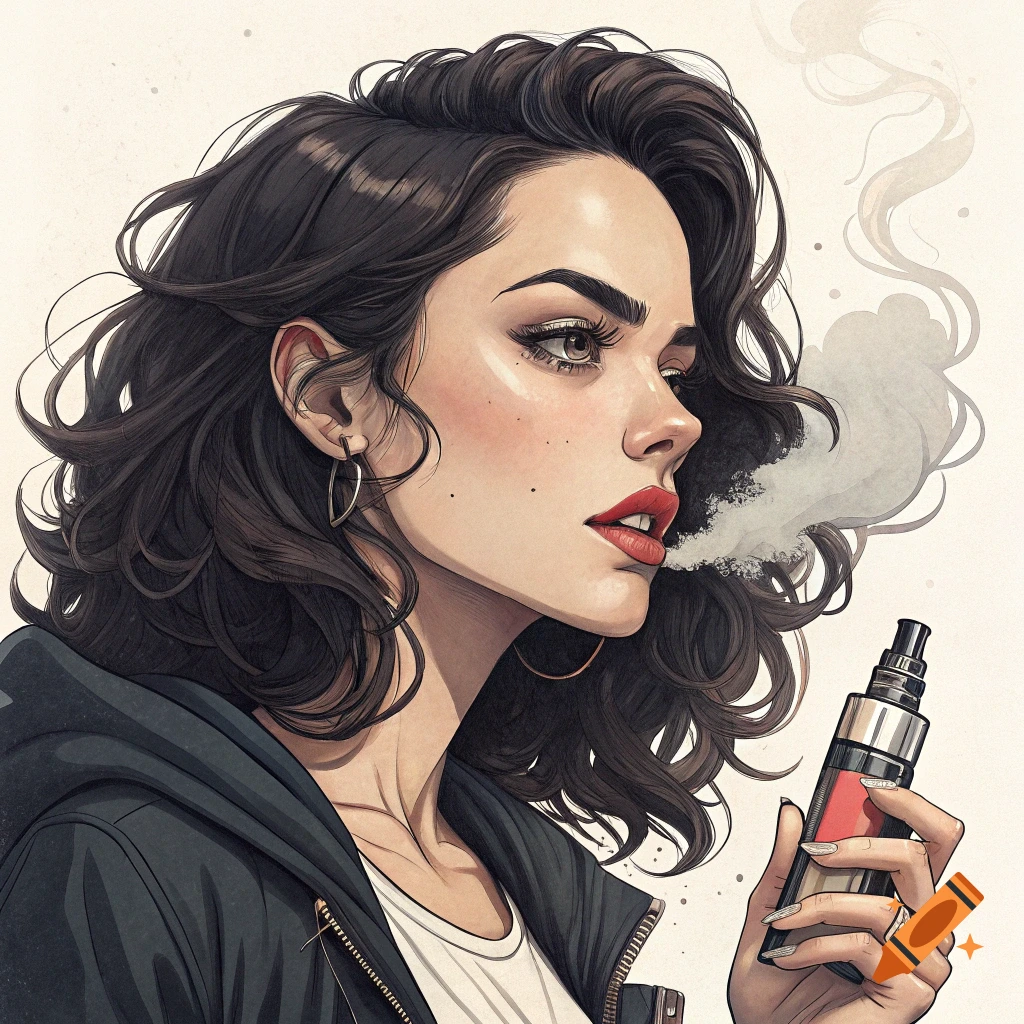 A stylized illustration of a woman with dark hair vaping.