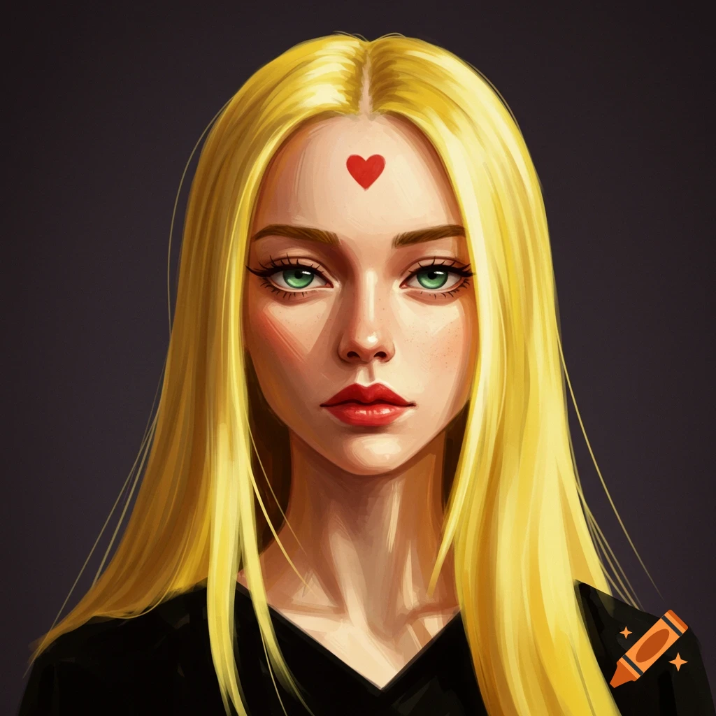 Portrait of a woman with long yellow hair and a red heart on her forehead.