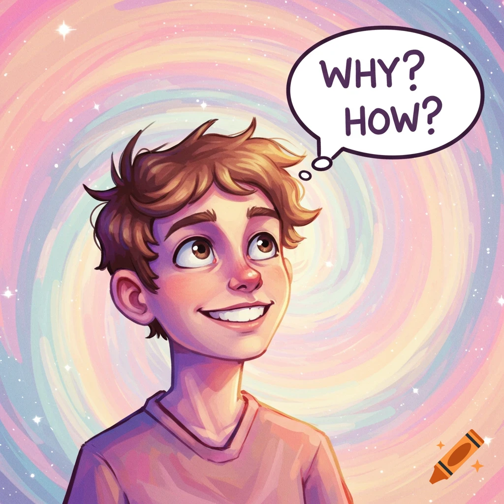An illustration of a boy looking up, smiling, with a thought bubble saying "WHY? HOW?" against a pastel, swirling background.