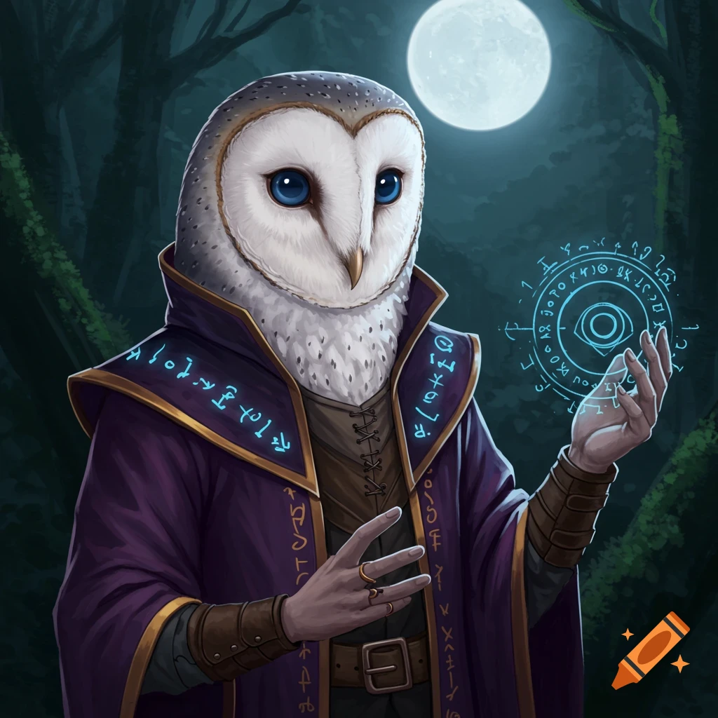 A humanoid owl sorcerer in a purple robe casts a glowing spell under a full moon.