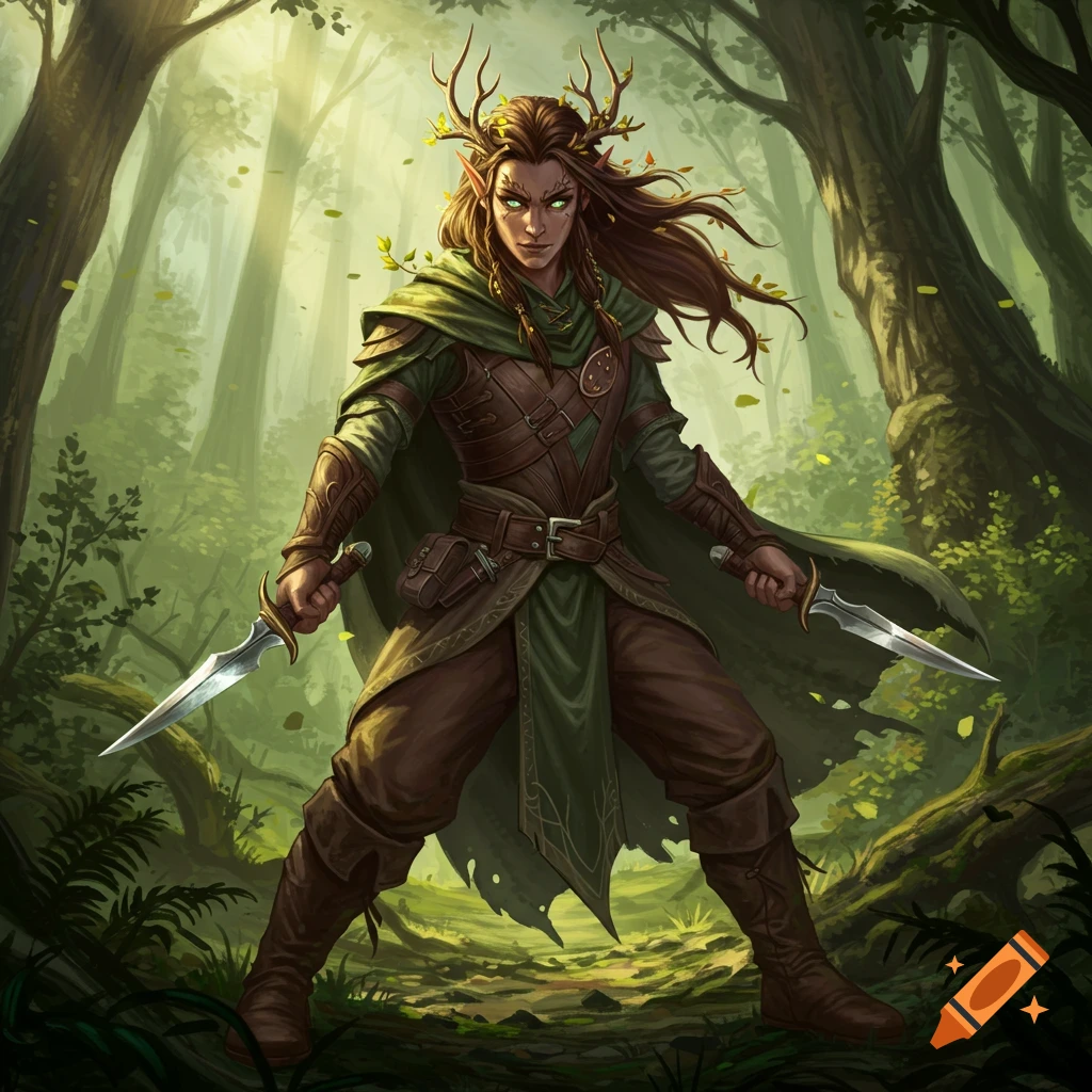 A wood elf ranger with daggers in a forest