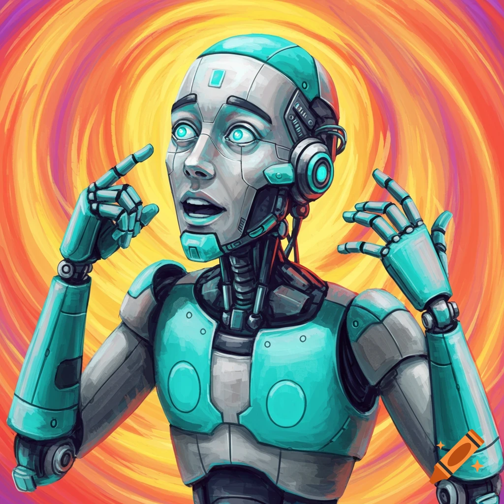A surprised-looking robot with raised hands against a swirling orange background.
