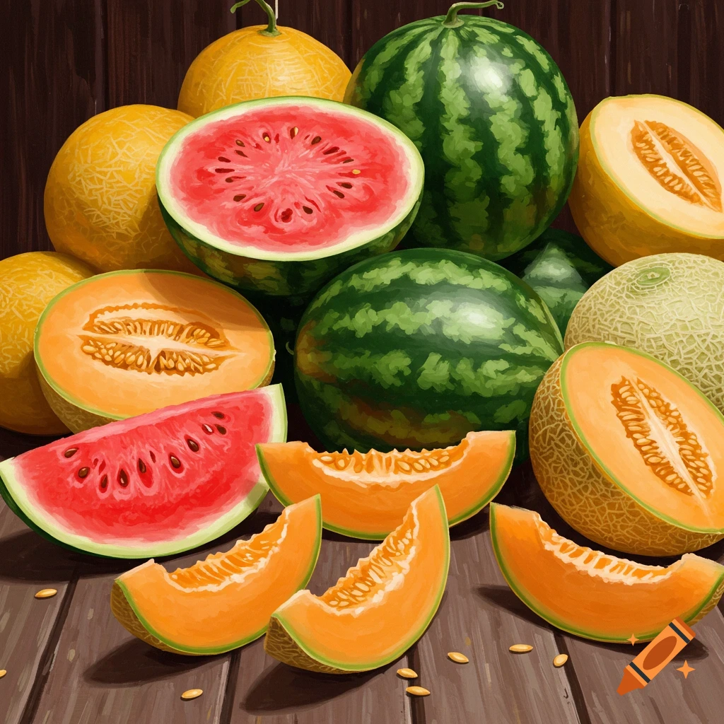 A still life with whole and sliced watermelons and melons