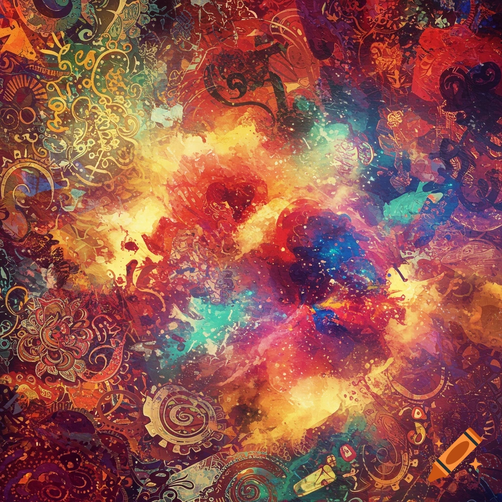 A vibrant, colorful abstract image featuring swirling patterns, splashes of color, and intricate details.