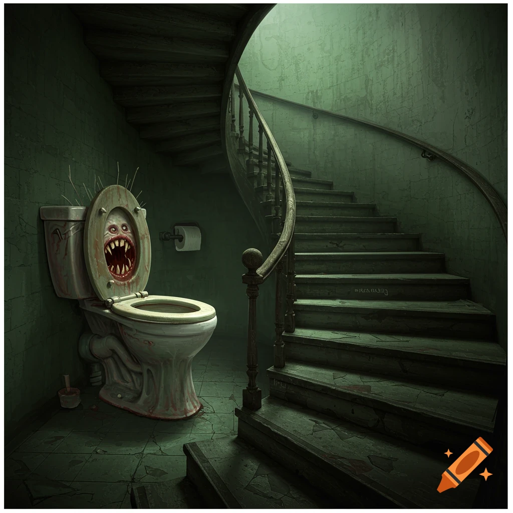 A creepy monster toilet with teeth and eyes sits at the bottom of a dark winding staircase.