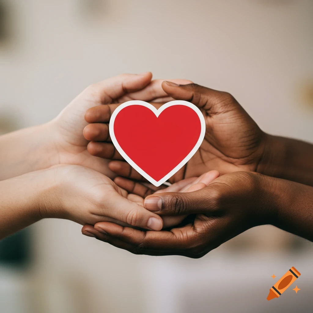 Diverse hands gently cupping a red heart.