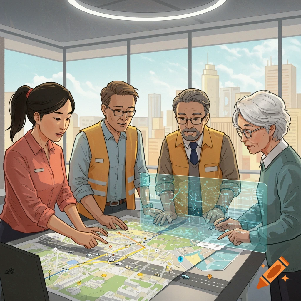 Four people are looking at a map and holographic display in an office, planning.