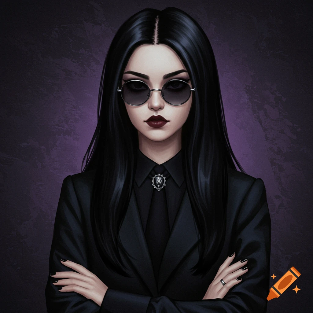 A goth woman in a suit, tie, and sunglasses.