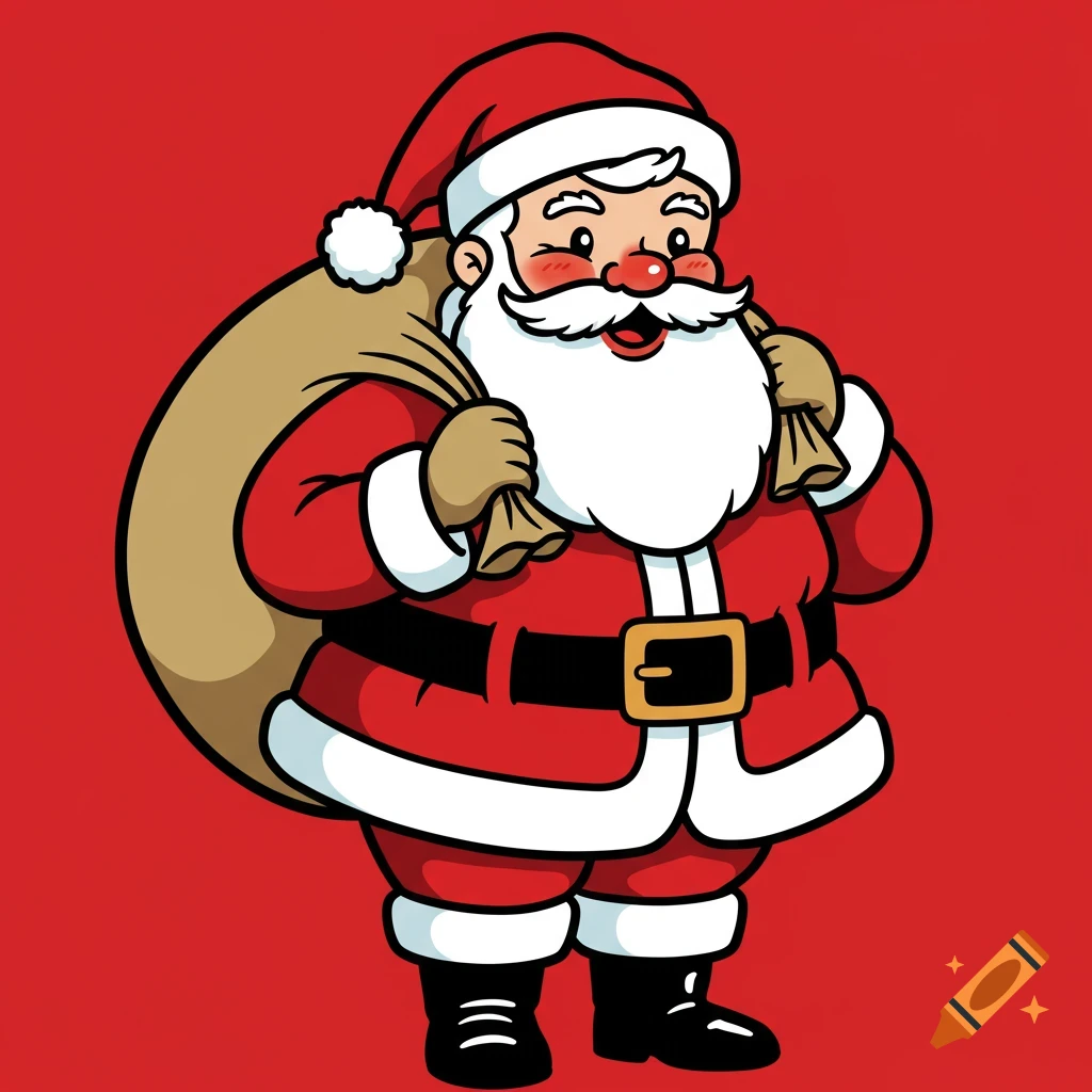 A cartoon illustration of Santa Claus carrying a large sack over his shoulder.