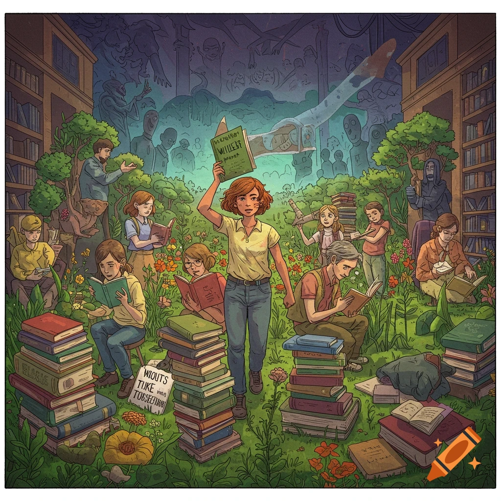 People reading books outdoors surrounded by bookshelves and nature, with surreal figures in the background.