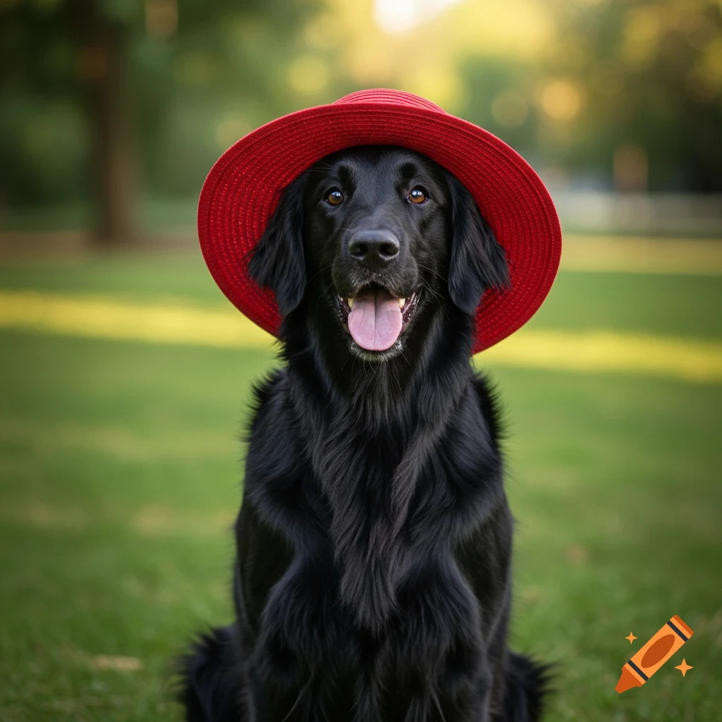 A black Flat Coat Retriever dog wears a red hat in a park