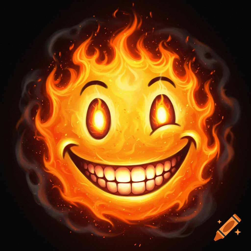 A smiley face made of fire and smoke on a black background.