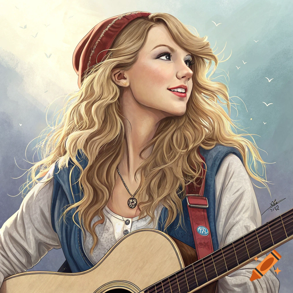 Stylized illustration of a woman playing an acoustic guitar outdoors with birds flying.