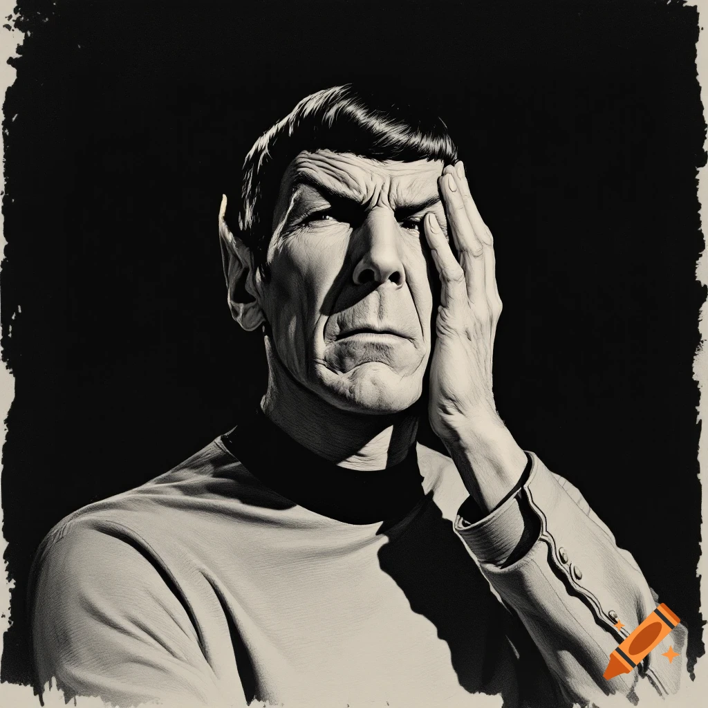 Black and white portrait of Mr. Spock with his hand covering part of his face, looking conflicted.