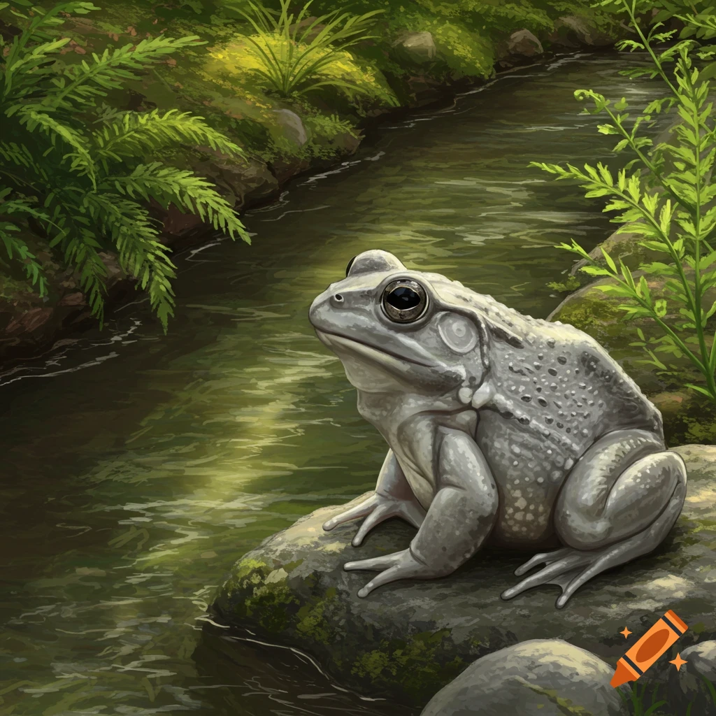 A grey frog sits on a mossy rock by a stream.
