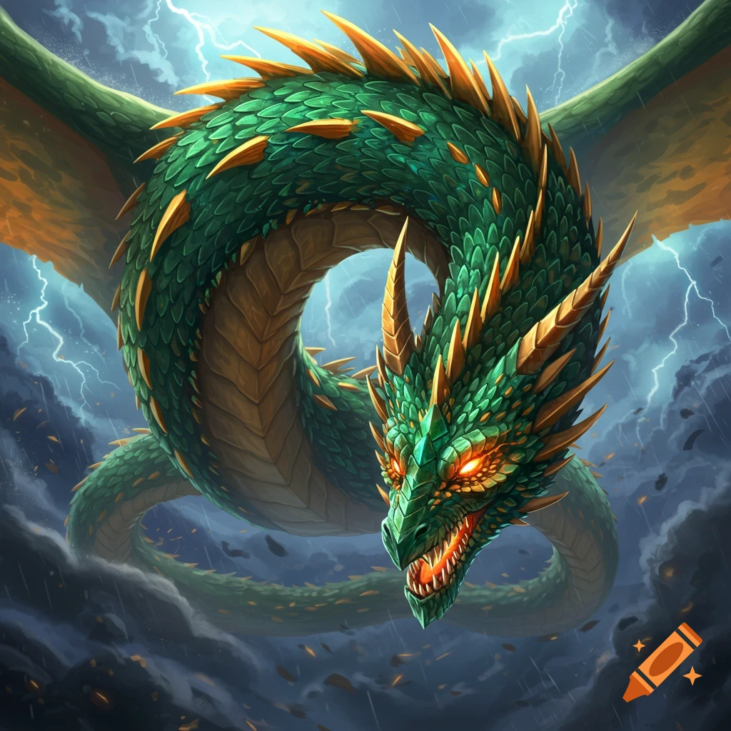 A green and gold dragon flies through a stormy sky with lightning.