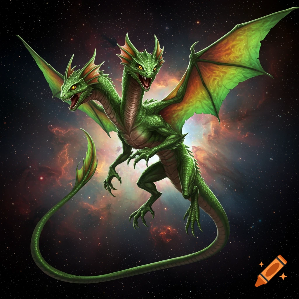 A two-headed green dragon flies through space.