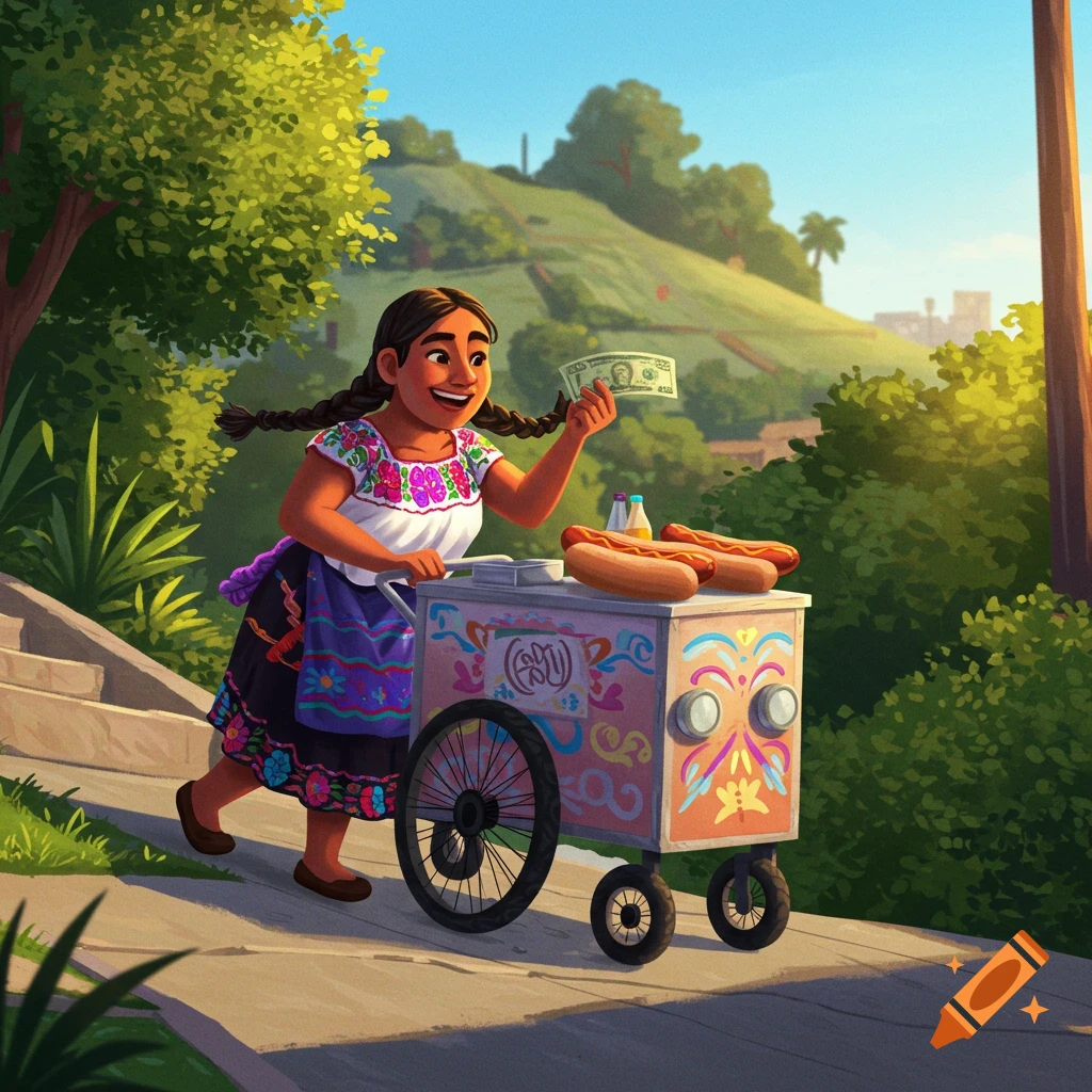 A smiling woman in traditional clothing pushes a colorful hot dog cart up a hill, holding a dollar bill.