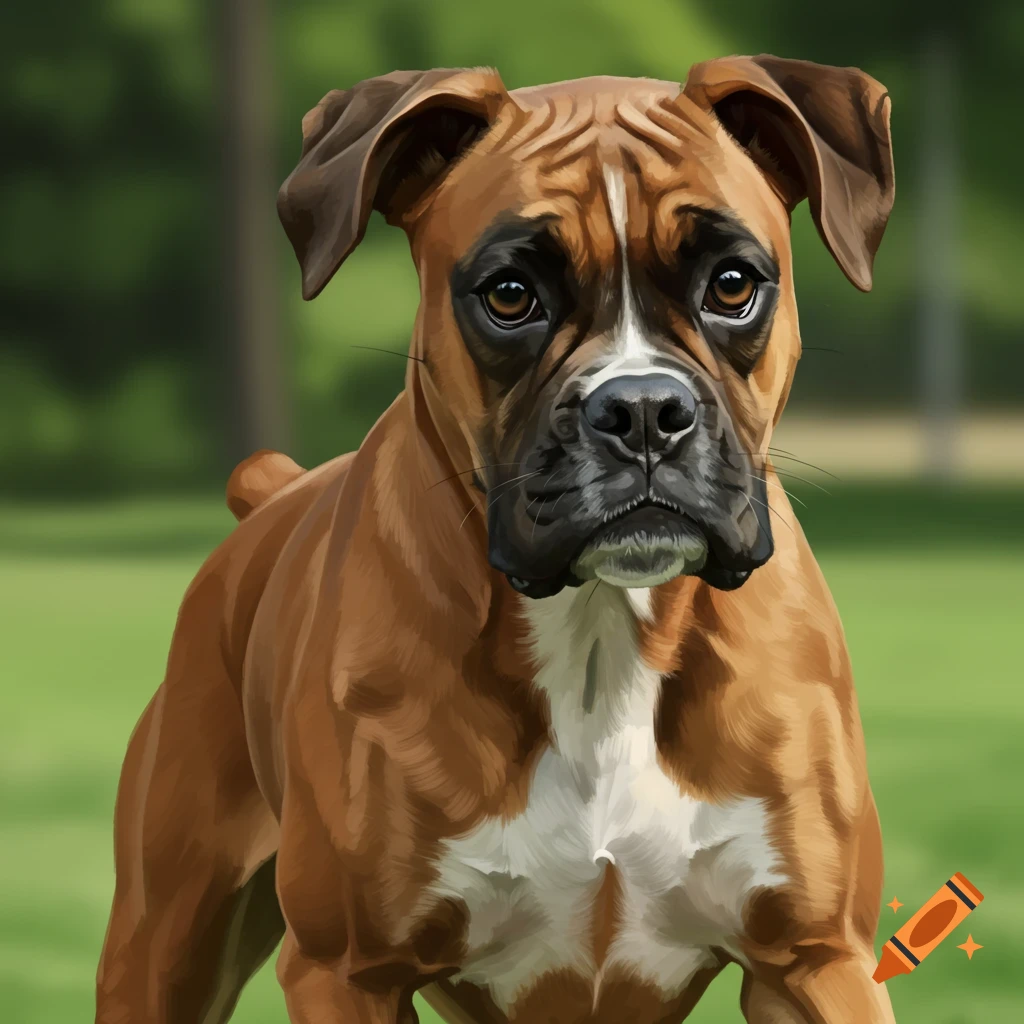 A fawn boxer dog standing in a park