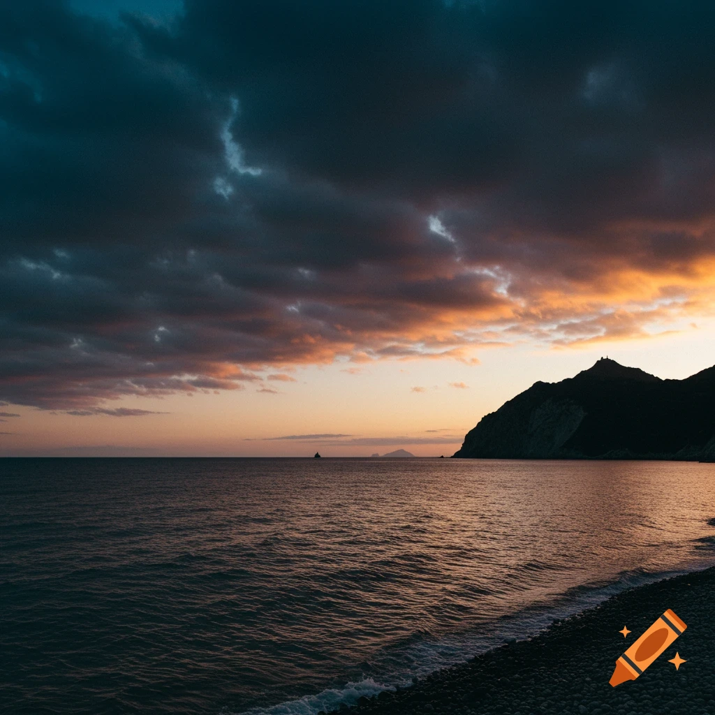 Dark clouds over a sunset ocean with a beach and mountain.