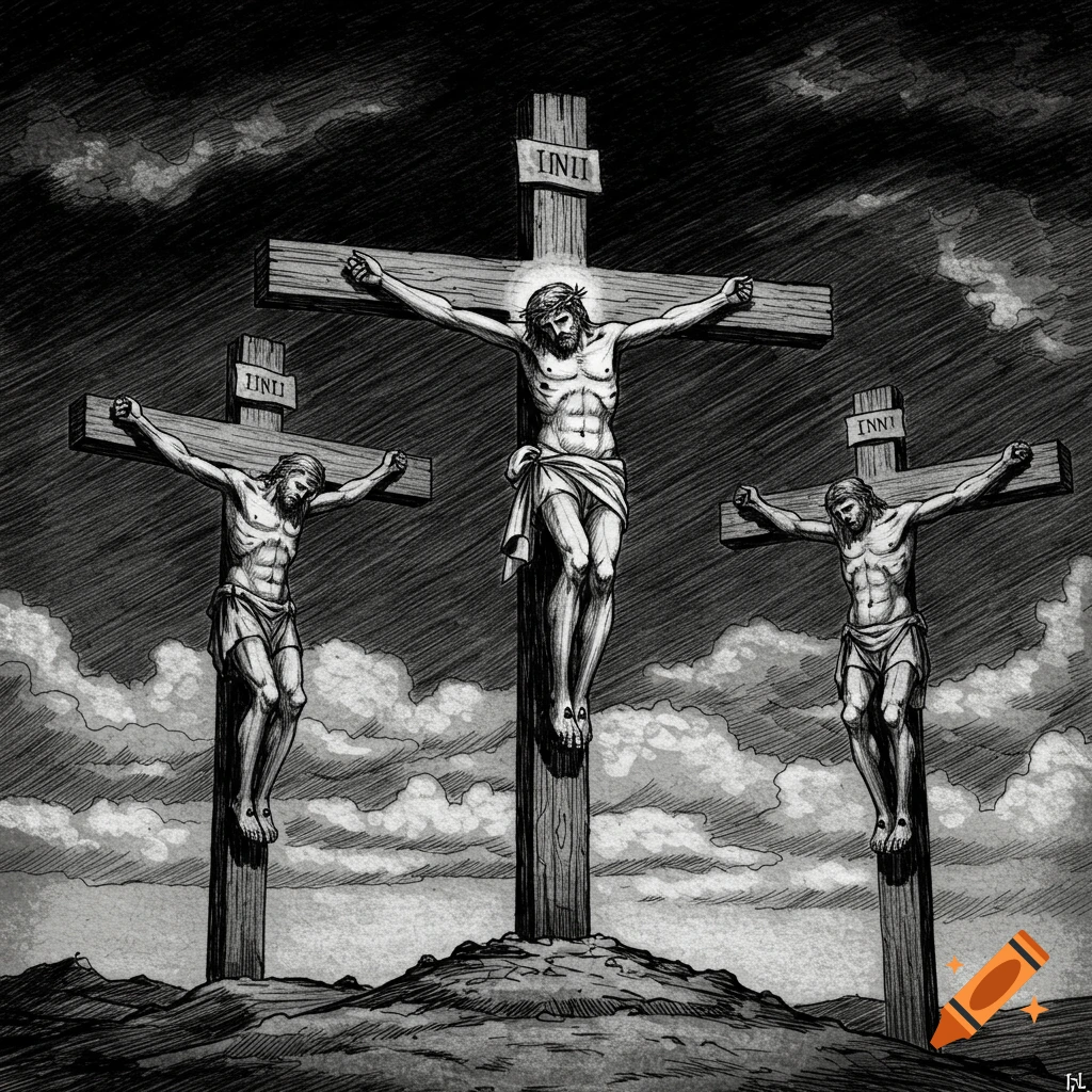 Black and white sketch of three figures crucified on crosses against a cloudy sky.