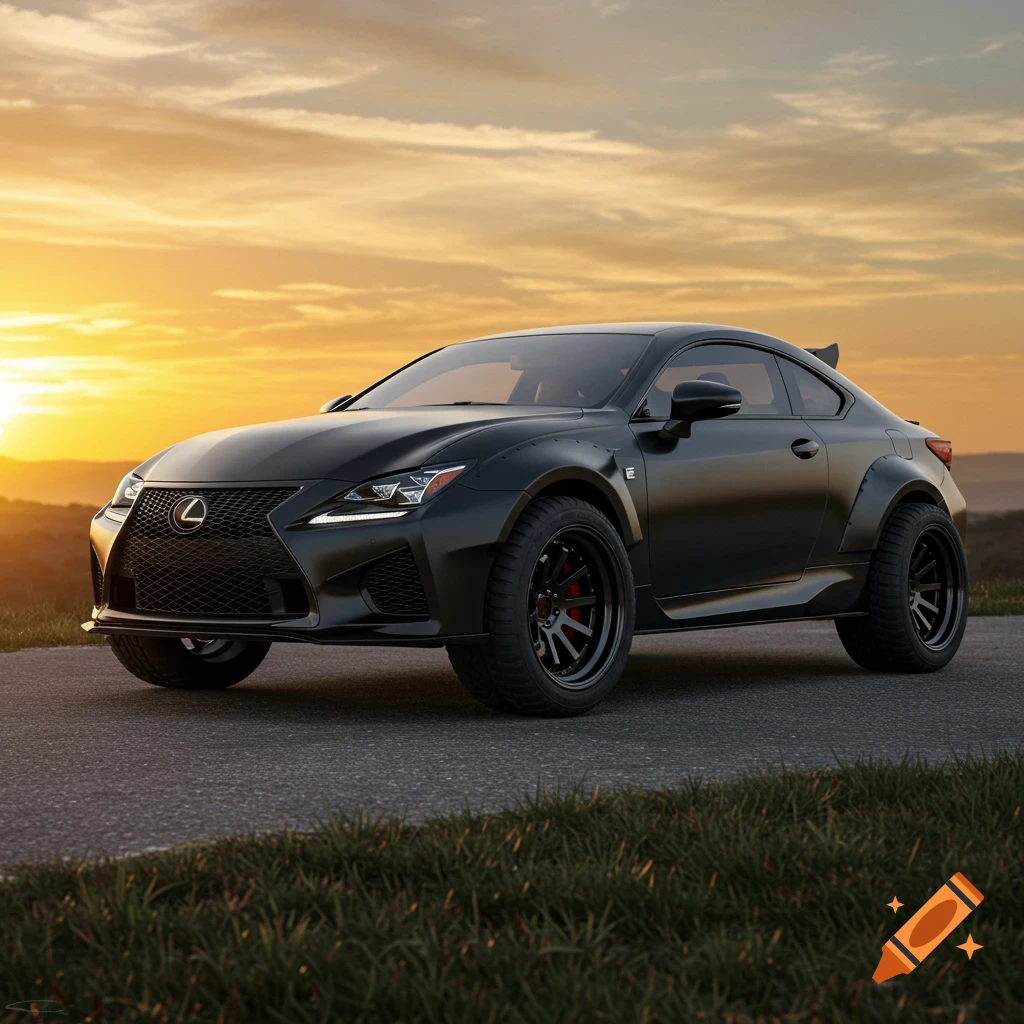 A black lifted Lexus RCF on a road with a sunset background.
