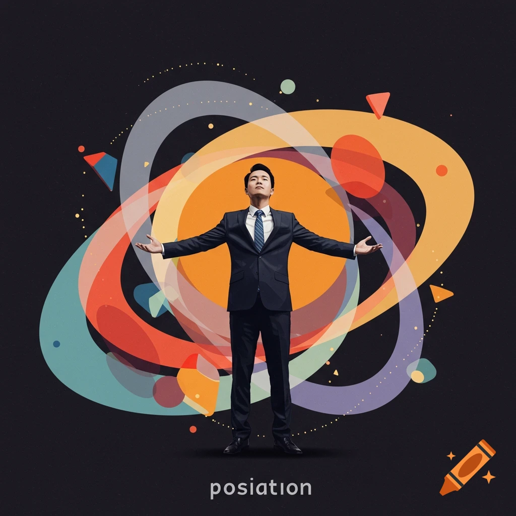 Man in a suit with arms outstretched surrounded by abstract, colorful shapes. Digital art.