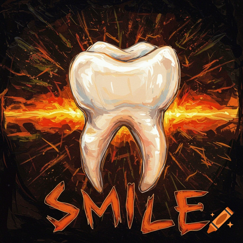 Expressionist illustration of a tooth with the word SMILE and a fiery, dark background.